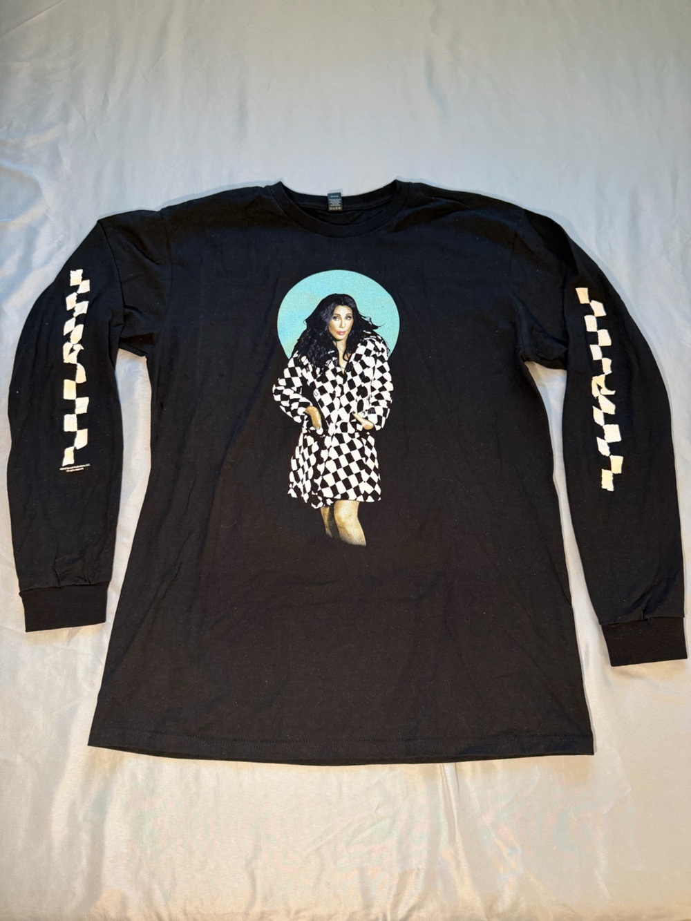 Cher Long-Sleeve Graphic Band Tee with Checkerboard Sleeves